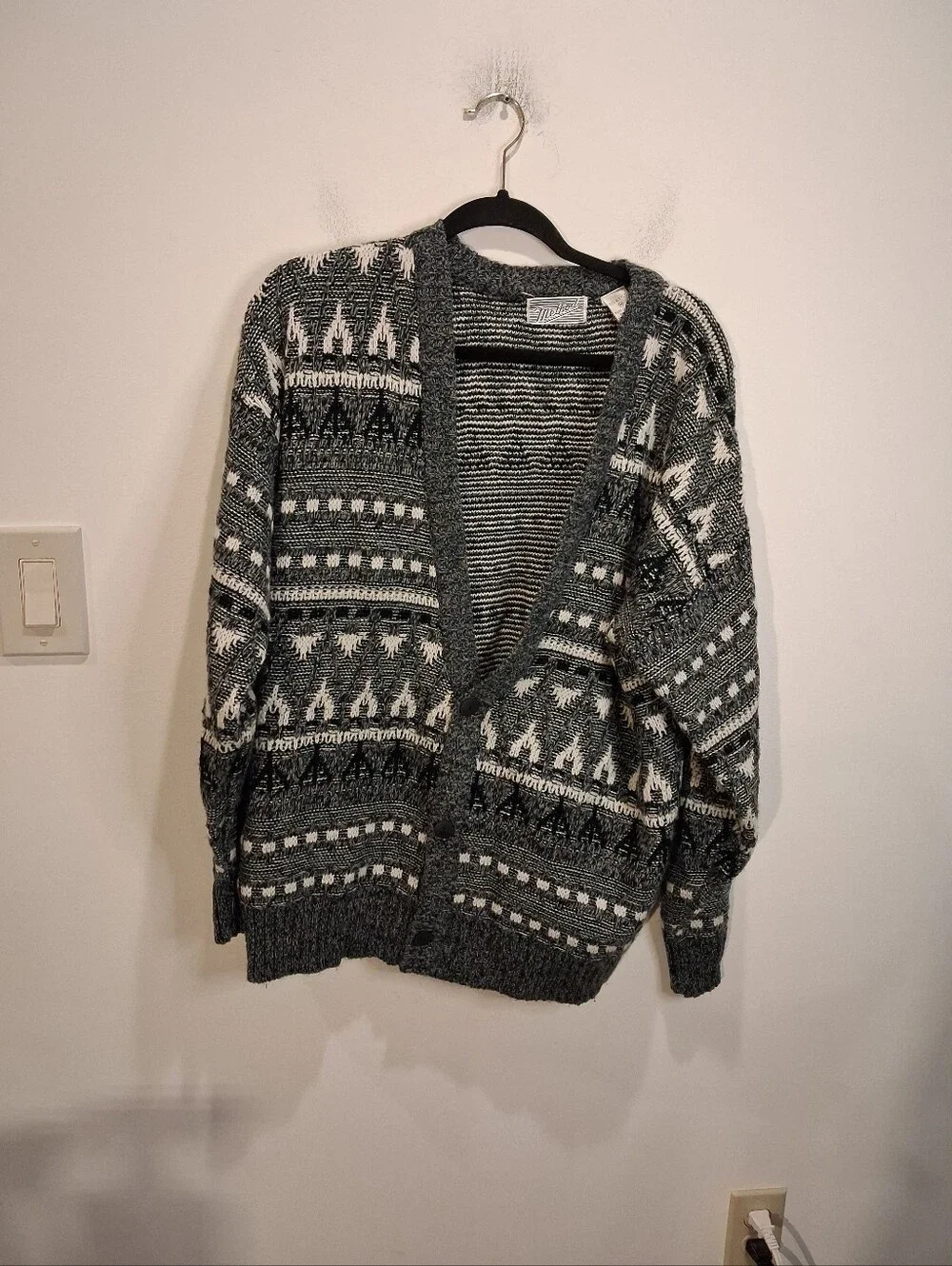 Vintage Method Size M Grandpa Cardigan Sweater In Grey/white Geometric Print